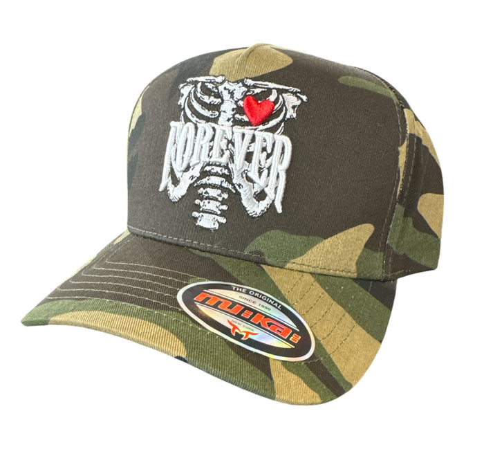 MUKA Forever camo snapback hat showing the adjustable strap and camouflage fabric, stylish accessories for casual wear.