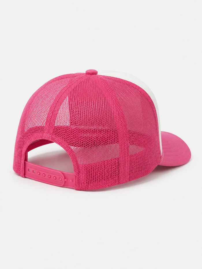 MUKA 'Keep Challenging' Trucker Hat in White/Hot Pink