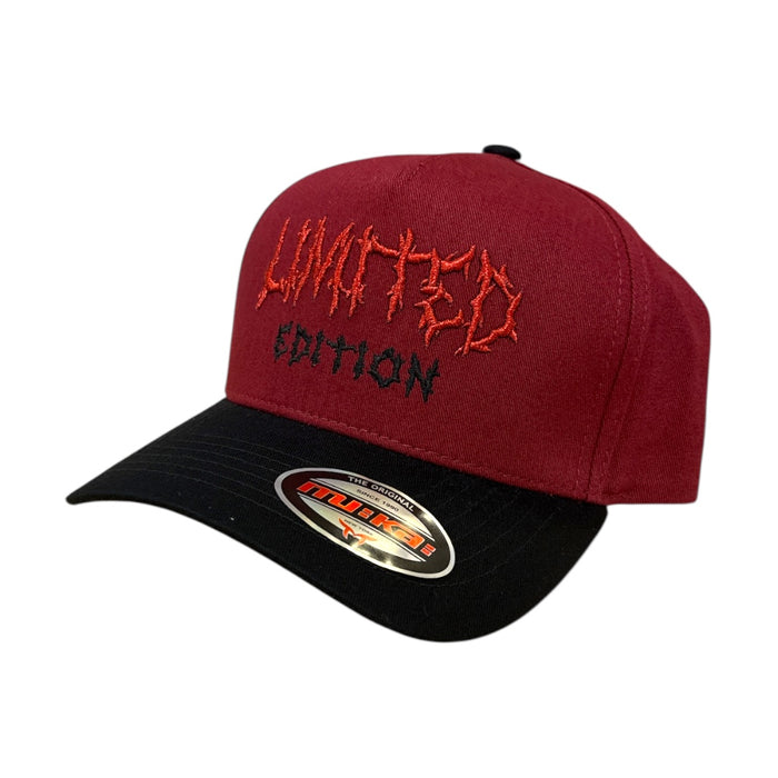 MUKA Limited Edition burgundy and black snapback hat with adjustable strap, stylish accessories for casual wear.