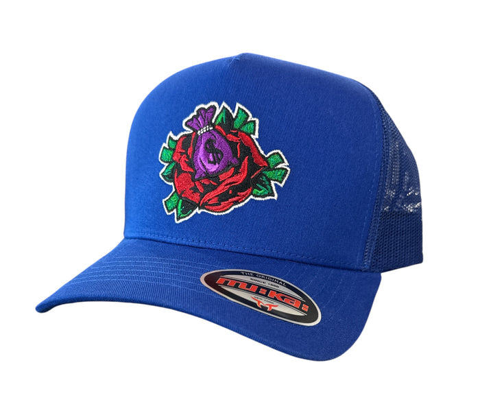 Muka Rose trucker hat in blue with mesh back, adjustable strap, and embroidered logo, casual accessories for everyday wear.
