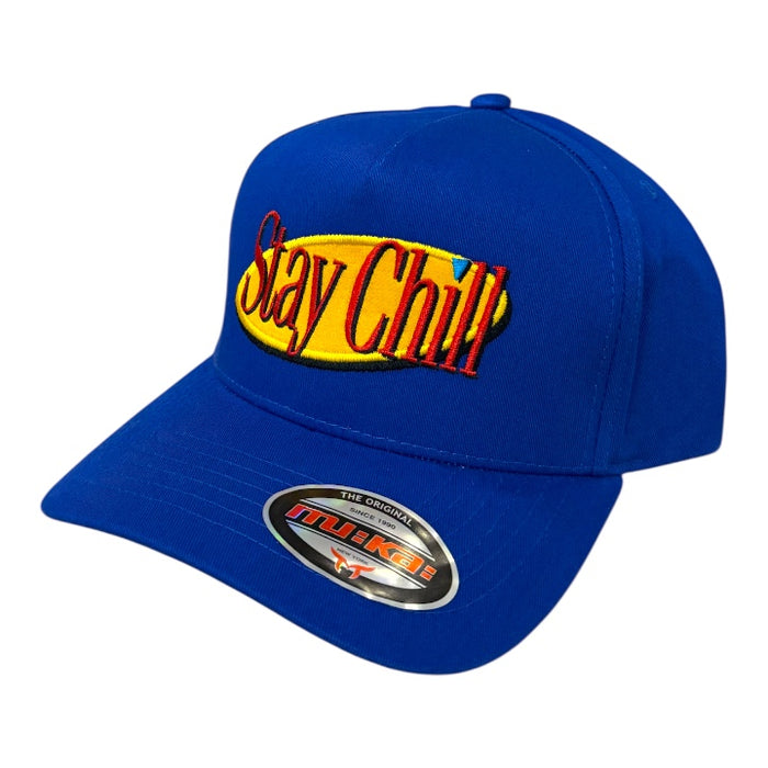 MUKA 'Stay Chill' snapback hat in royal blue with flat brim and adjustable strap, stylish accessory for casual wear.