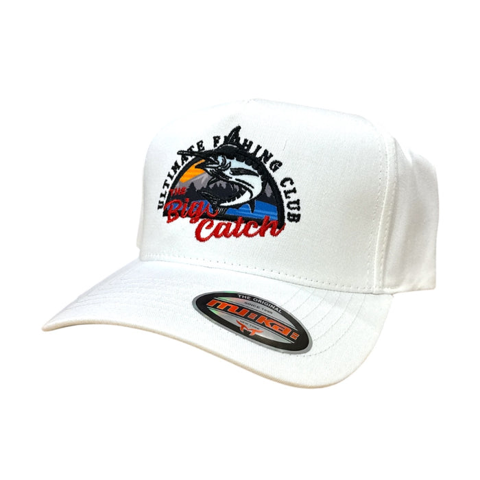 White Muka 'The Big Catch' snapback hat, adjustable cap with bold embroidered logo, casual accessory for everyday wear.