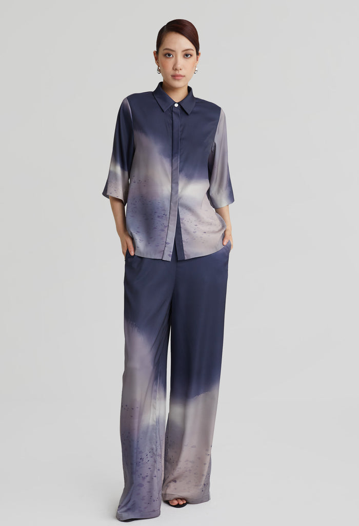 nichii X NURITA HARITH Gradient Indigo Collared Silk Top