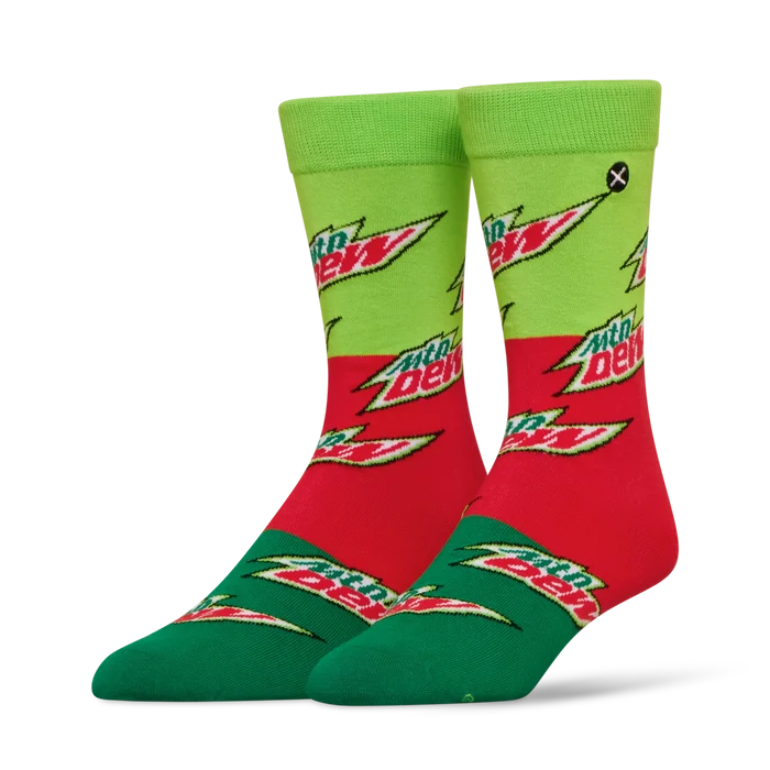 Pair of ODD SOX Mountain Dew-themed socks in a 2-pack, featuring colorful mountain dew designs on comfortable cotton fabric