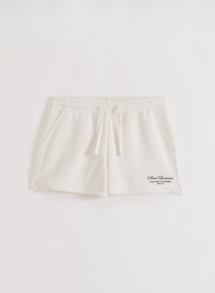 Luonnonvalkoiset aim'n Script Sweat Shorts -collegeshortsit, joissa on joustava kiristysnyörivyötärö ja logoyksityiskohta.