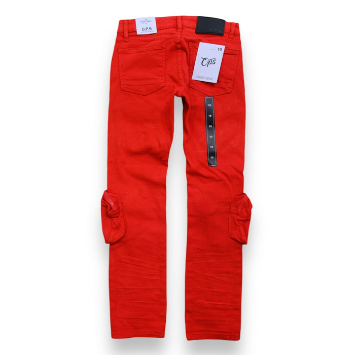 Red OPS Kids cargo utility pants for kids, denim style with multiple pockets, durable and comfortable for everyday wear.