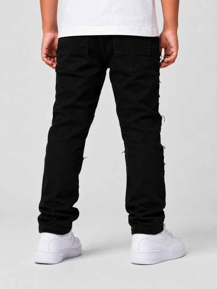 Ops Kids frayed-tape trim denim jeans for kids, in jet black with distressed details, showcasing a casual denim style.