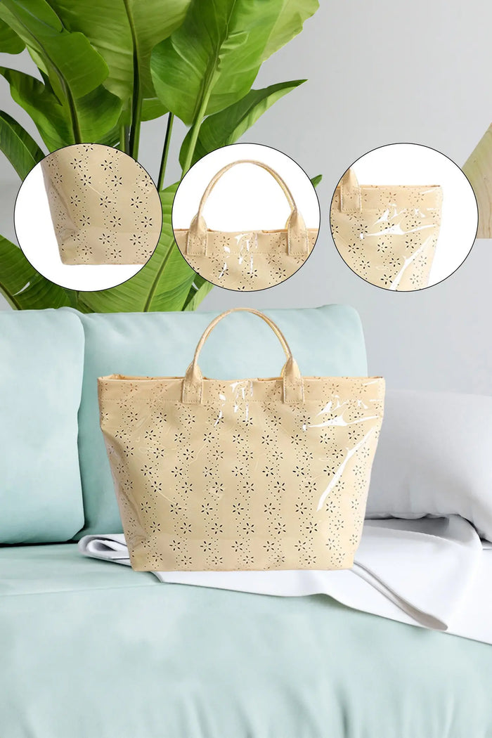 Orchid Eyelet Flower Pattern PVC Glossy Waterproof Tote Bag