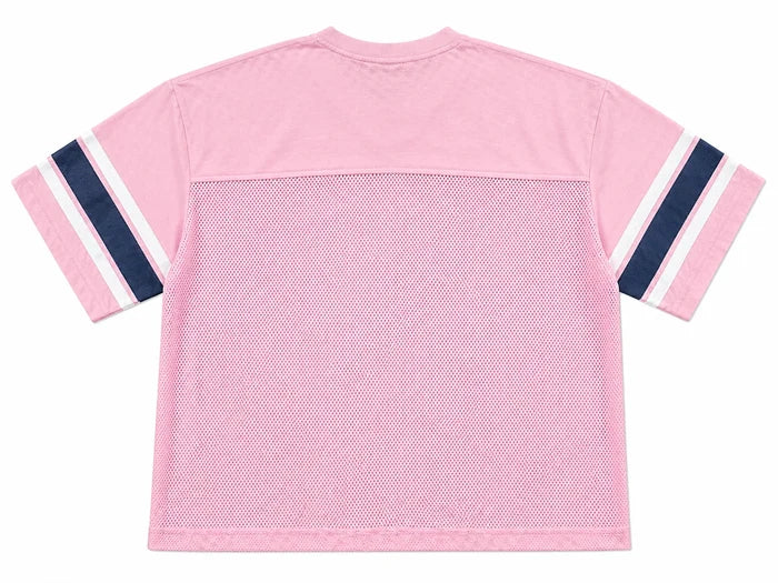 Pink Papercut Ambition cropped jersey T-shirt displayed flat, showing the relaxed fit and subtle fabric texture.