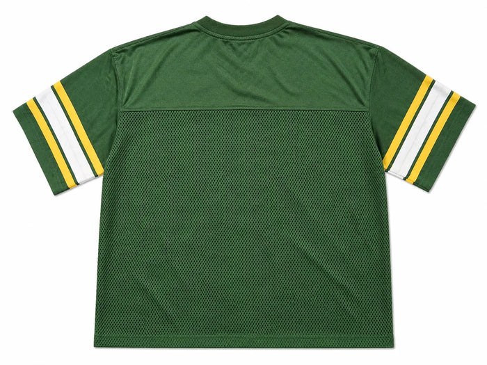 Green Papercut Child Of God cropped jersey T-shirt with printed design, soft fabric, and casual fit.