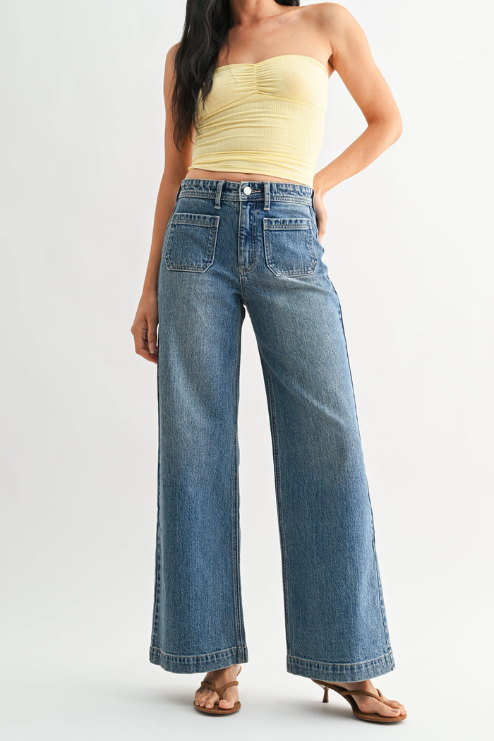 Patch Pocket Wide Leg Med Wash Jean