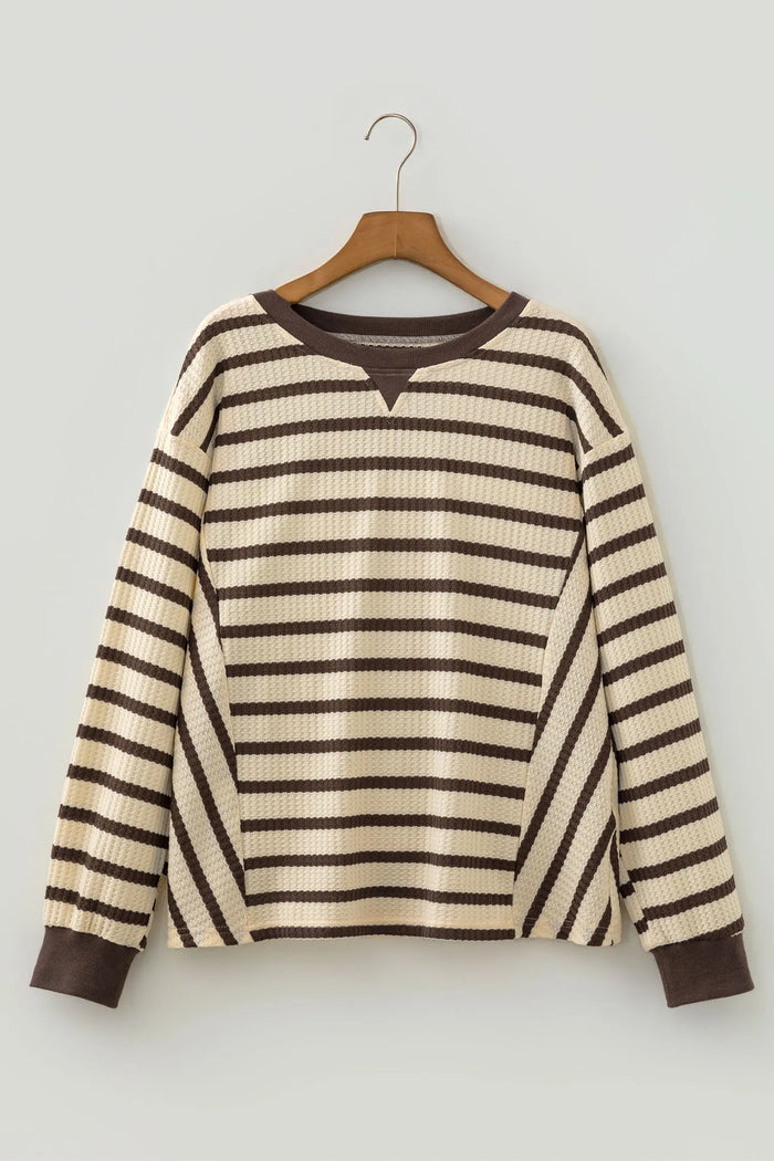 Patchwork Ribbed Cuff Casual Pullover Sweatshirt – Brown Stripe