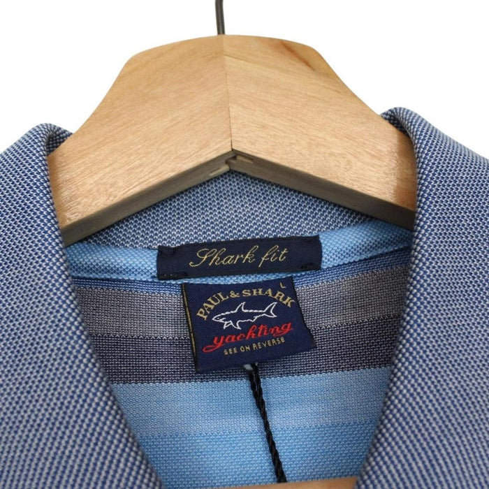 Paul & Shark blue and grey striped short sleeve cotton pique polo shirt with logo.