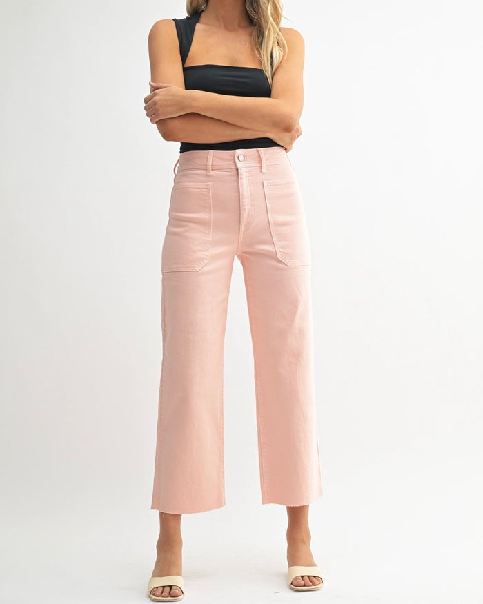 full view of peach high rise wide leg denim from Ardor Boutique