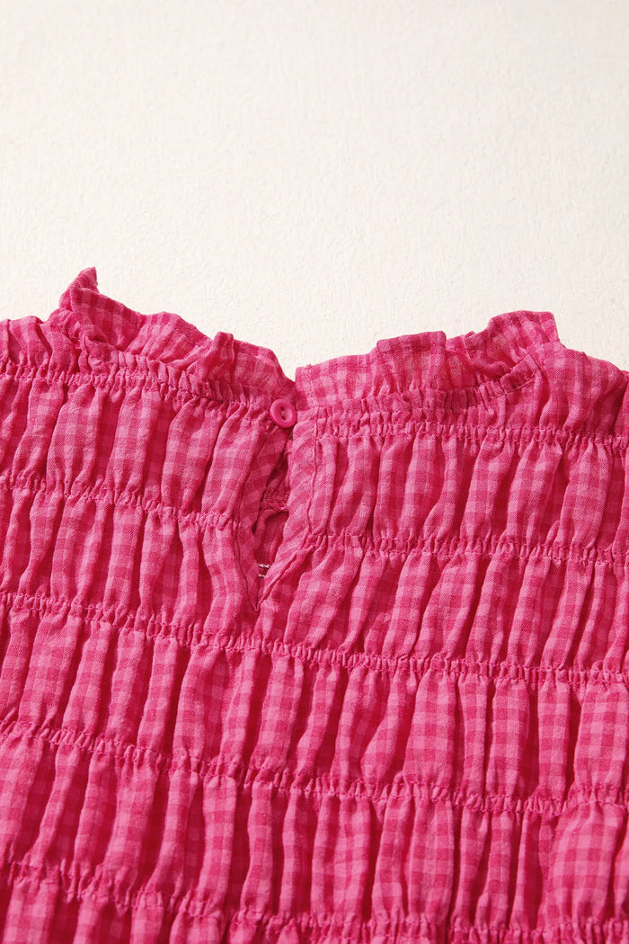 Plaid Shirred Ruffle Trim Tank Top – Red