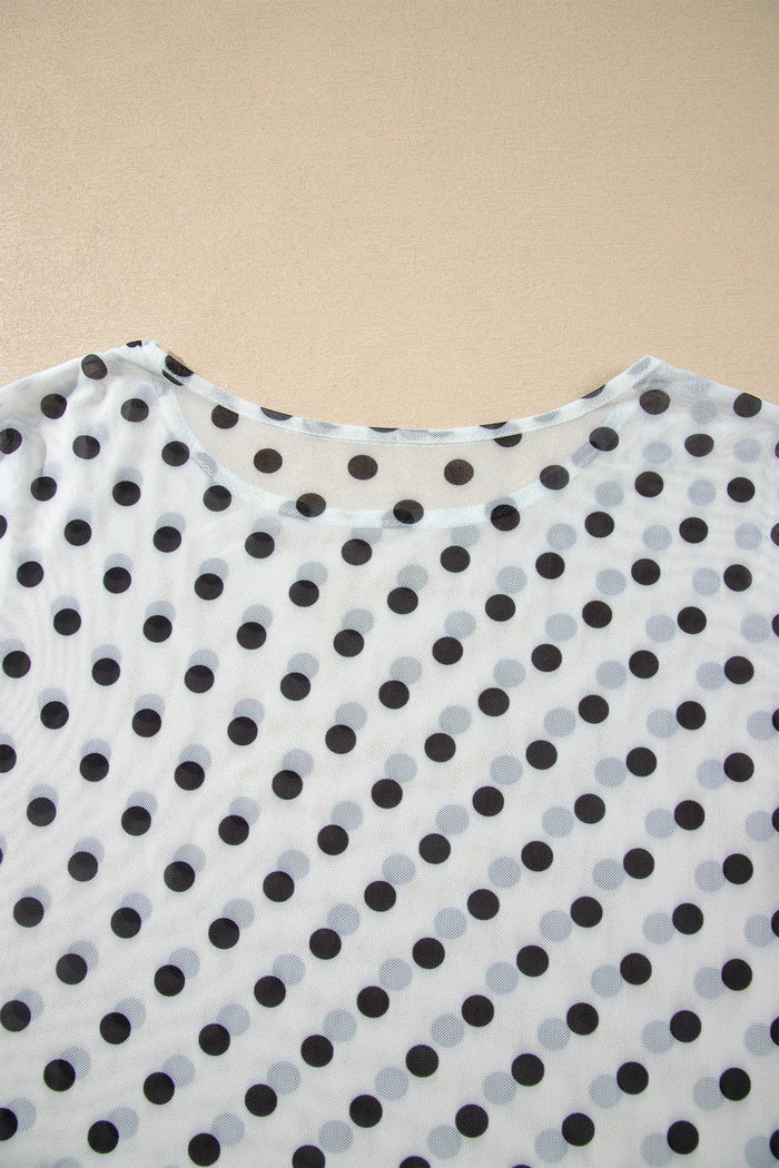 Polka Dot Sheer Mesh Long Sleeve Round Neck Shift Top – Black