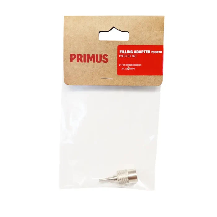 Primus stainless steel gas filling adaptor in its packaging on a white background