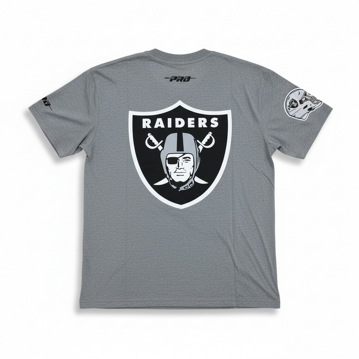 Pro Standard Las Vegas Raiders gray drop shoulder T-shirt with bold Raiders logo and "Living Large" design on front.