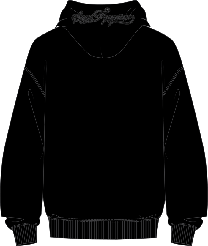 Black Pro Standard San Francisco 49ers blackout hoodie with drop shoulder design and team logo, shown on a plain background.