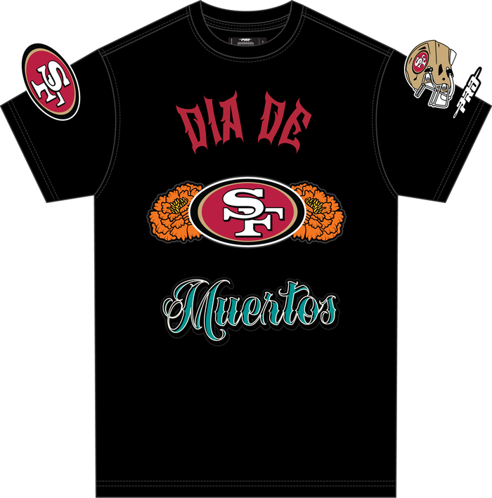 Black Pro Standard San Francisco 49ers Dia De Muertos T-shirt with vibrant graphic design and team logo.
