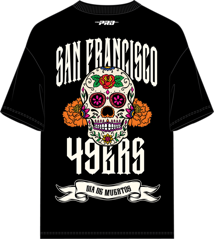 Black Pro Standard San Francisco 49ers Dia De Muertos T-shirt with 49ers logo and Día de Muertos themed design.