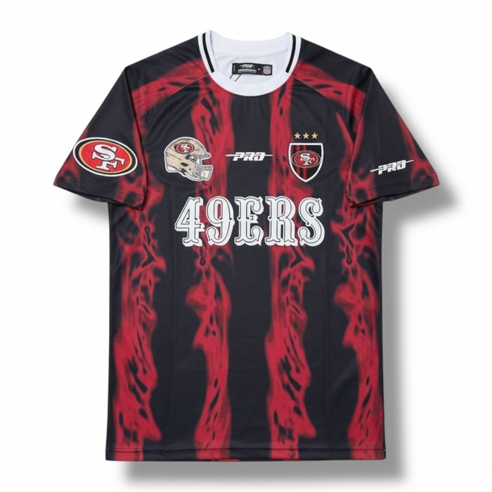 Red and black Pro Standard San Francisco 49ers Ultras poly all-over print T-shirt, casual short-sleeve tee with team logo.