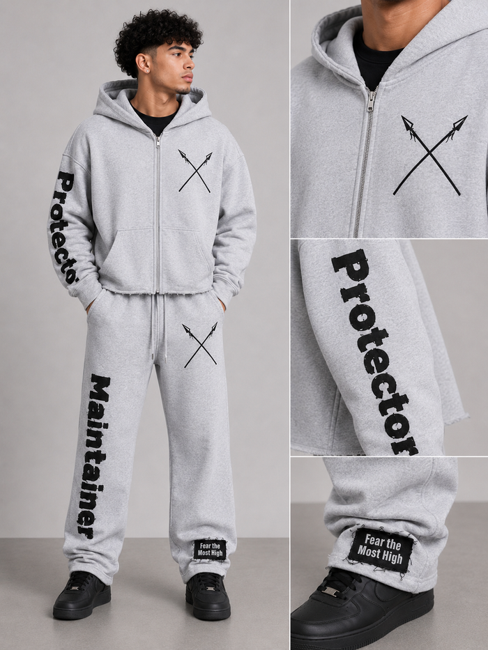 Grey Protector and Maintainer FTMH cropped zip-up hoodie, casual hoodie with front zipper and hood, made by PROTECTOR AND MAINTAINER.