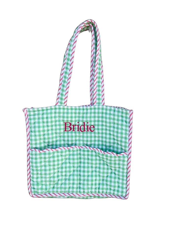 Quilted Gingham Tote Bag | Green Gingham, Red & White Stripe Trim
