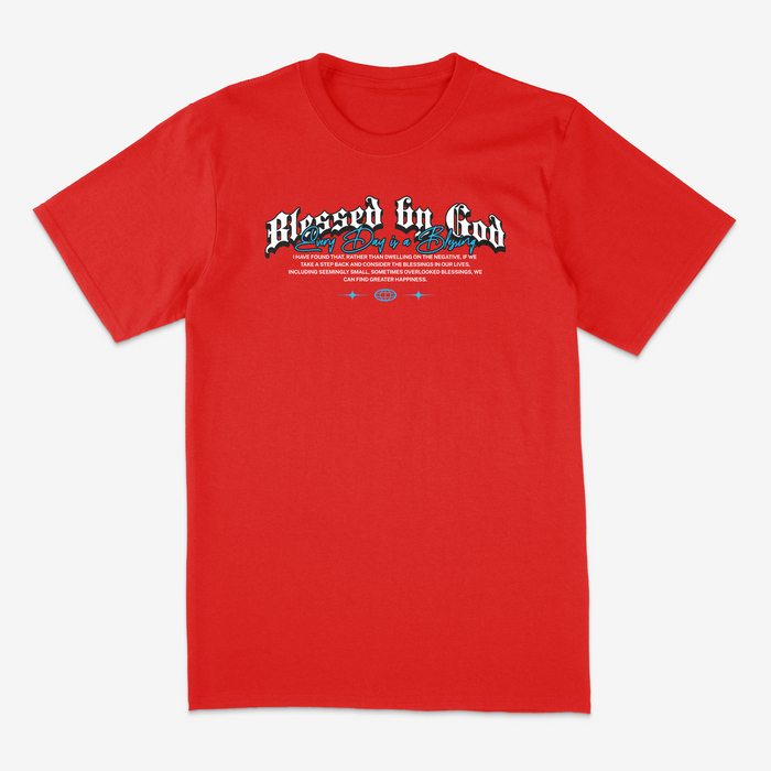 Red R3TRO WORLD Blessed T-Shirt with bold printed design, casual fit, and short sleeves, perfect for everyday wear.