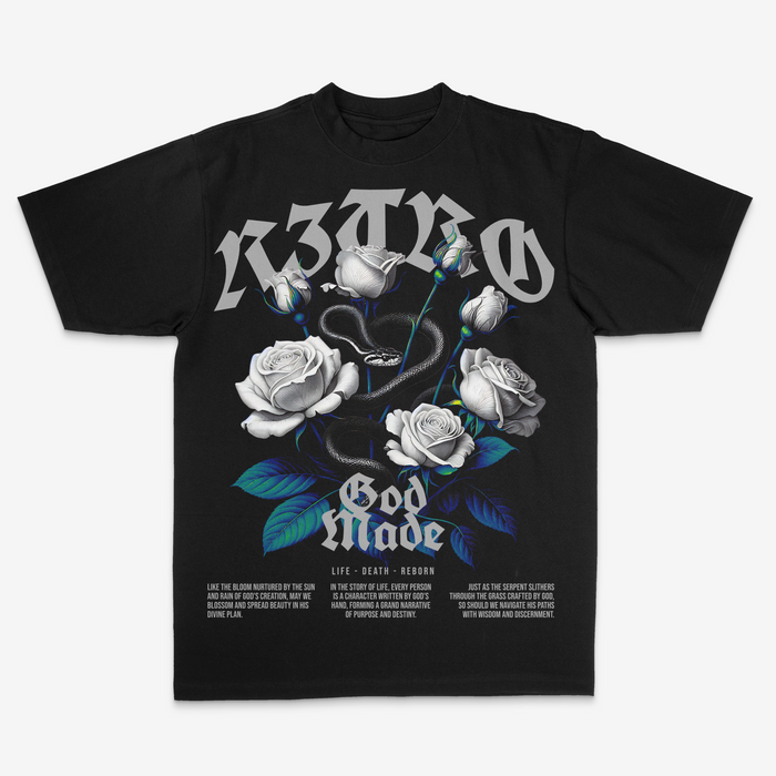 Black R3TRO WORLD 'God Made' T-Shirt with bold graphic design, showcasing a stylish casual tee for everyday wear.