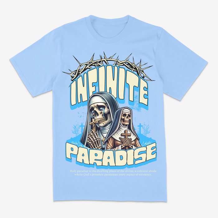 Light blue R3TRO WORLD Infinite Paradise T-shirt with graphic print, displayed on a flat surface.