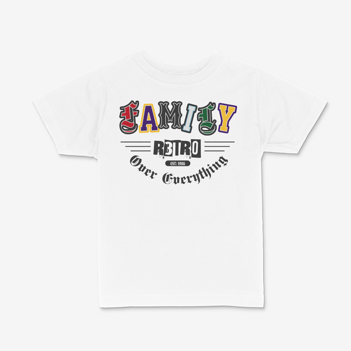 White R3TRO WORLD Kids 'Family Over Everything' T-shirt with colorful printed design, casual youth clothing for kids.