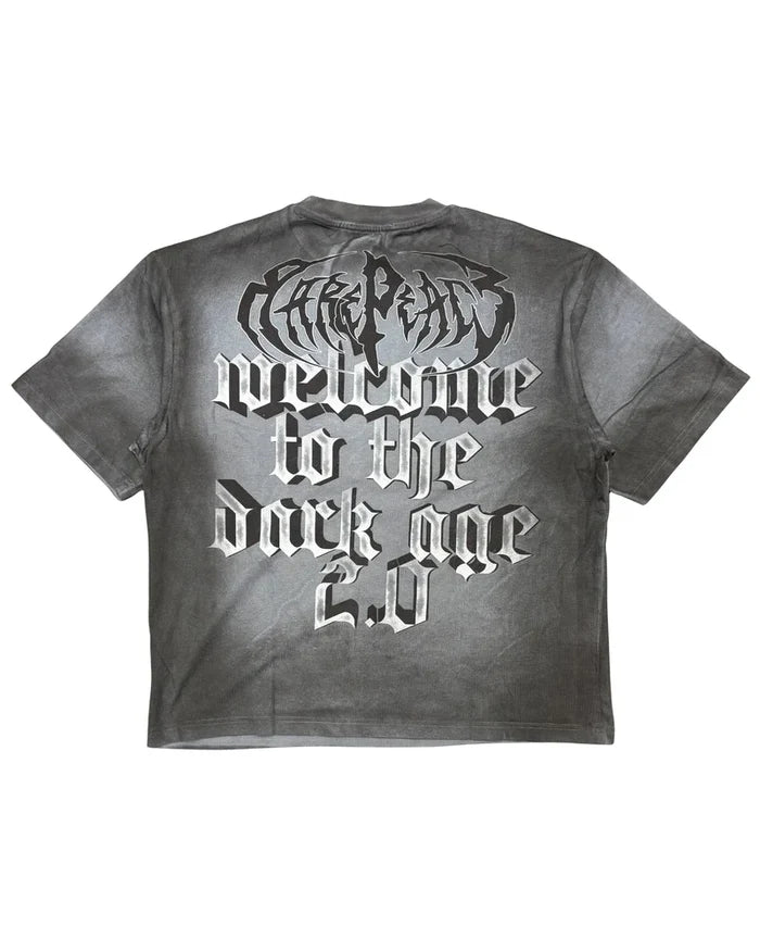 Rare Peace 'Trust No One' oversized rhinestone cropped T-shirt in grey, featuring bold graphic design and stylish fit.