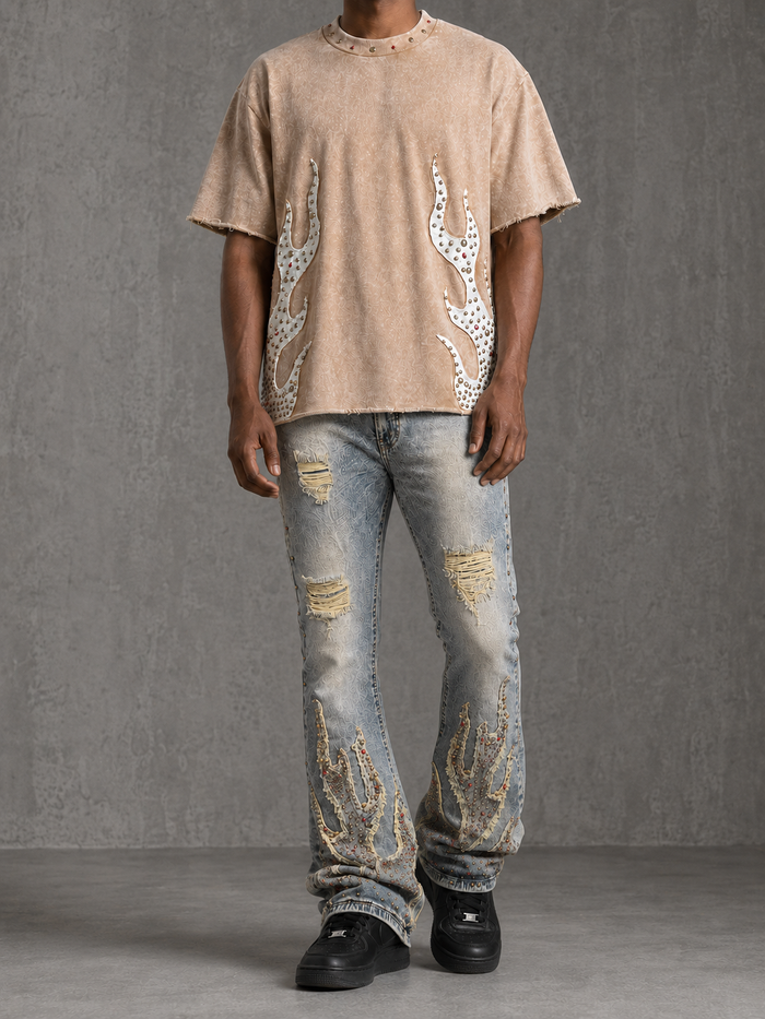 Khaki Rebel Denim Firefest cropped T-shirt with graphic print, short sleeves, and relaxed fit.
