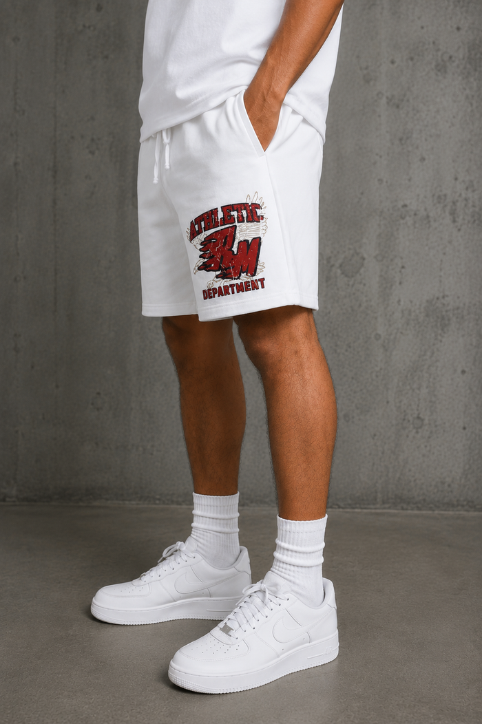 Rebel Minds Flaming RM white interlock shorts, casual athletic shorts with a bold flame design and comfortable fit.