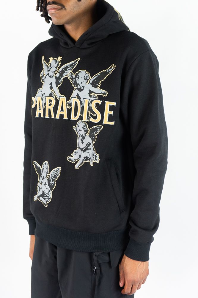 Black Rebel Minds 'Paradise' hoodie with front pocket and logo design, casual streetwear style.