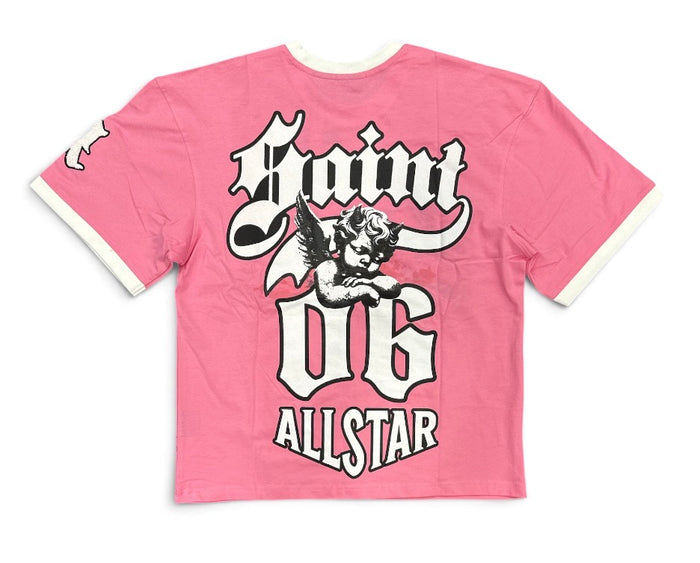Pink Rebel Minds Saint Chenille Ringer T-Shirt with contrasting collar and sleeve cuffs, casual and stylish for everyday wear.