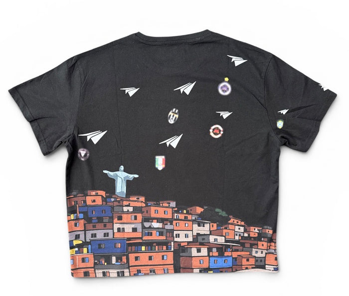 Red Letters brand black oversized T-shirt with red "Favelas" print, casual style, front view, lightweight fabric.