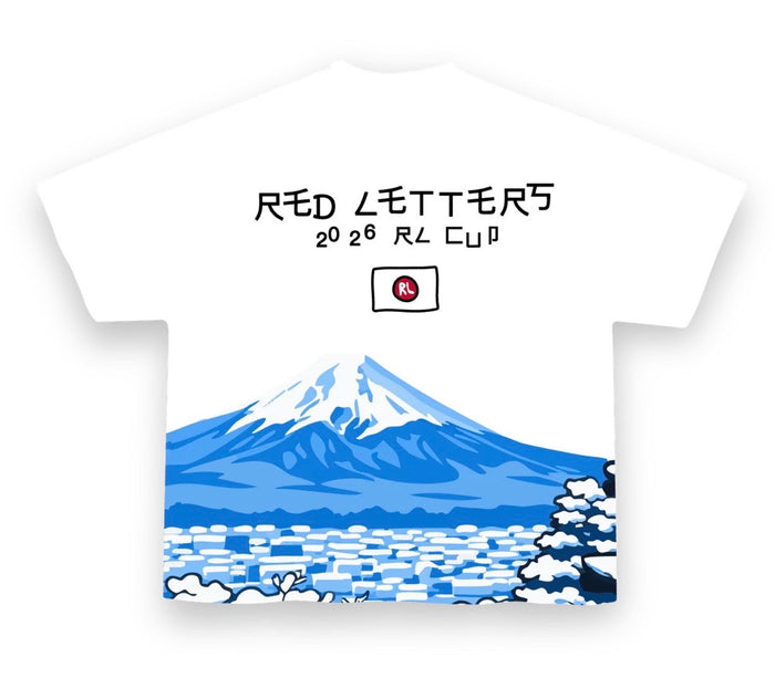 White Red Letters Japan Fuji T-shirt with slightly oversized fit, featuring bold red text and a casual, comfortable style.