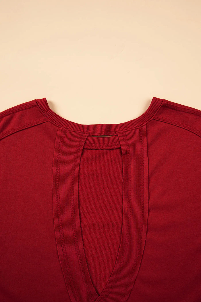 Ribbed Detail Drop Shoulder Cutout Back Sweatshirt – Racing Red