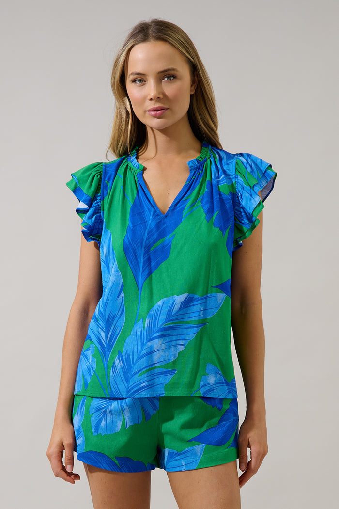 Risette Ruffle Split Neck Top Gresia Tropical
