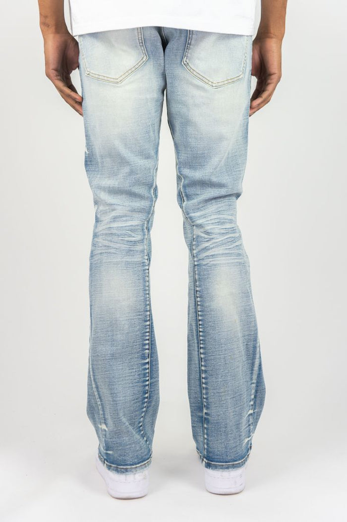 Roar Denim stacked flare jeans in light sand blue, showcasing the fit and stylish stacked flare design.
