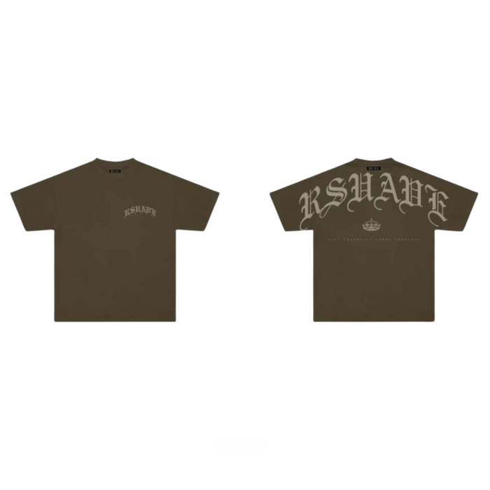 RSUAVE ‘REALEZA’ brown T-shirt with short sleeves and crew neck, casual fit, displayed flat on a white background.