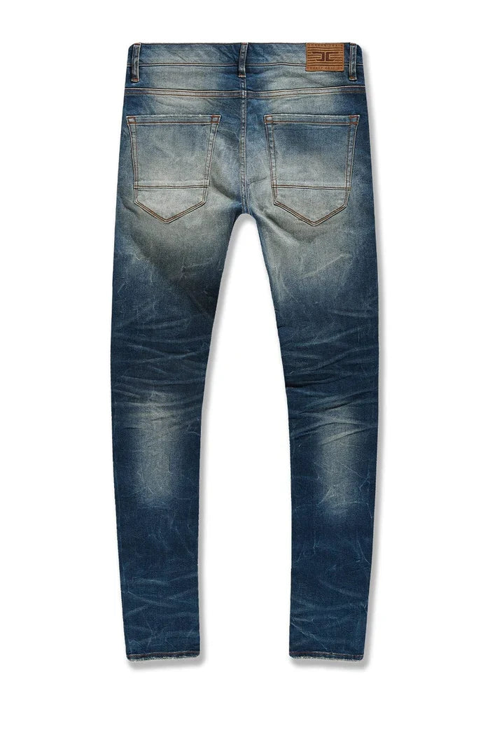 Jordan Craig Meadowlands Desert Blue denim jeans, front view showcasing slim fit and classic denim texture.