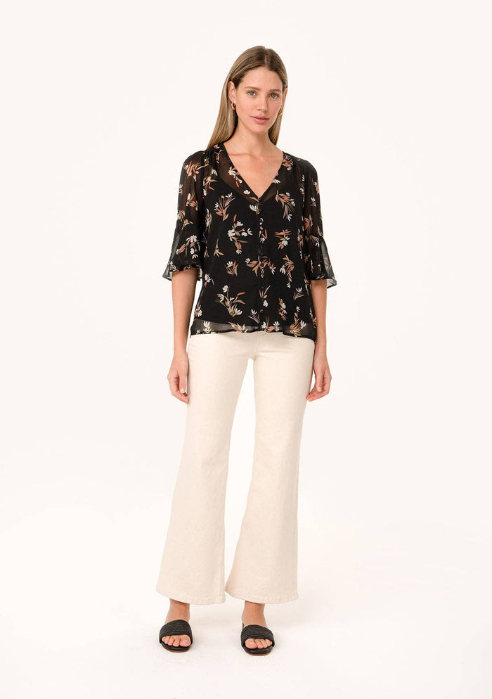 Sheer Floral Half Sleeve Button Down Blouse
