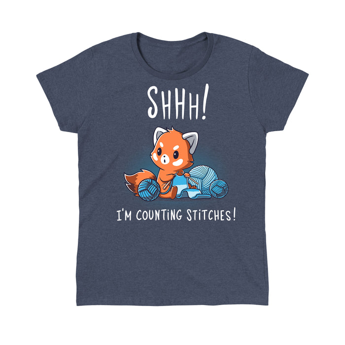 Classic Cotton T-shirt_Teeturtle heather navy Shhh! I'm Counting Stitches! apparel featuring a red panda knitting with blue yarn. Text reads, "Shhh! I'm Counting Stitches!"