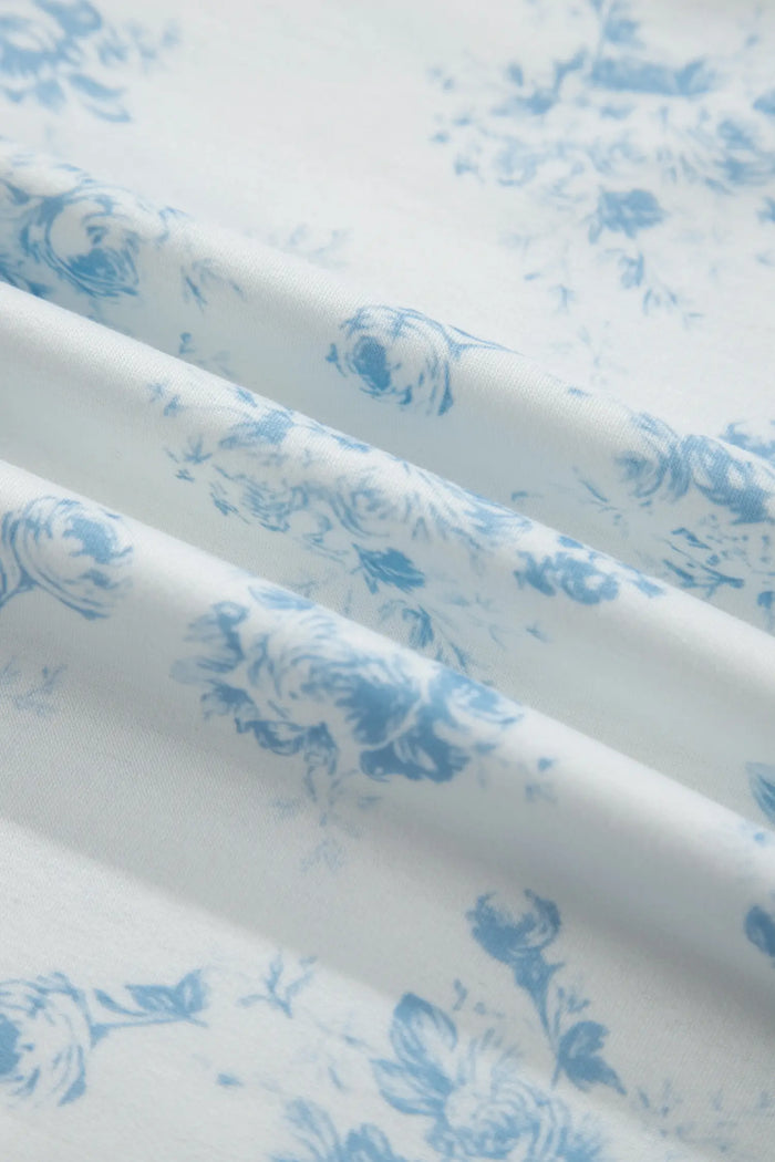 Sky Blue Floral Print Striped Detail Long Sleeve Top Ruffle Hem Shorts 2pcs Set – Light Blue