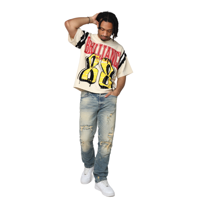 Smoke Rise Victory Flocking wide crop shirt in wood ash color, featuring textured flocked fabric and casual tee design.