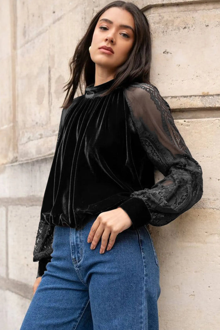 Solid Color Sheer Lace Long Sleeve Patchwork Stand Neck Velvet Blouse – Color Black