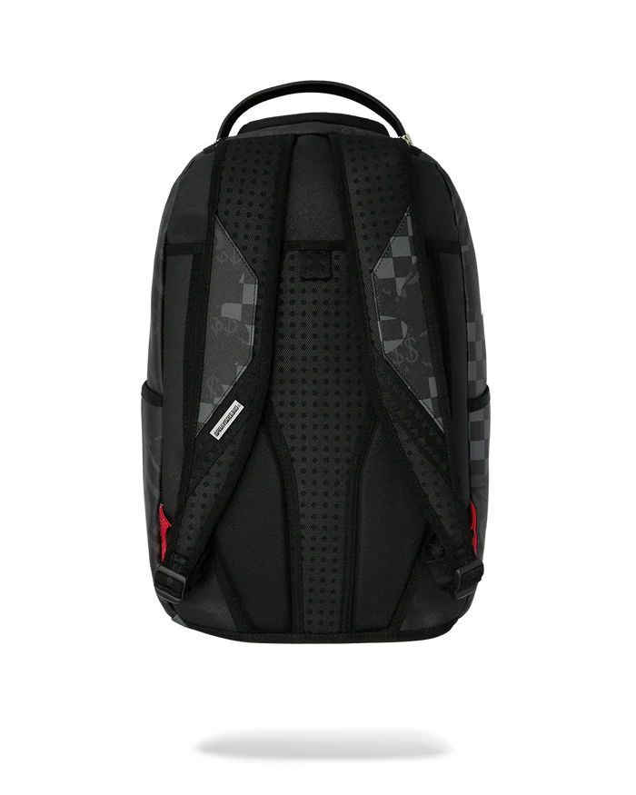Sprayground 4AM Eclipse backpack featuring bold black and silver design, sleek accessories for stylish everyday use.